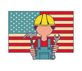 man builder with flag USA and tools