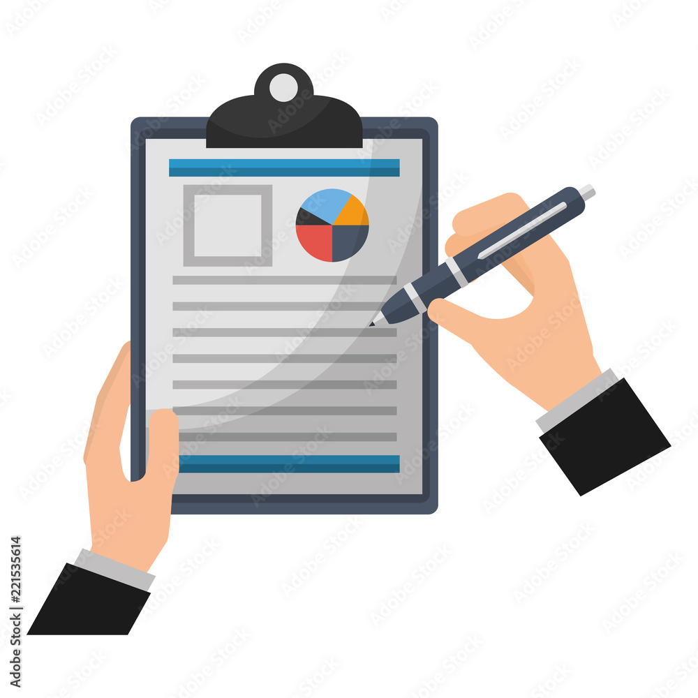 Poster hands with pen and document file statistics pie