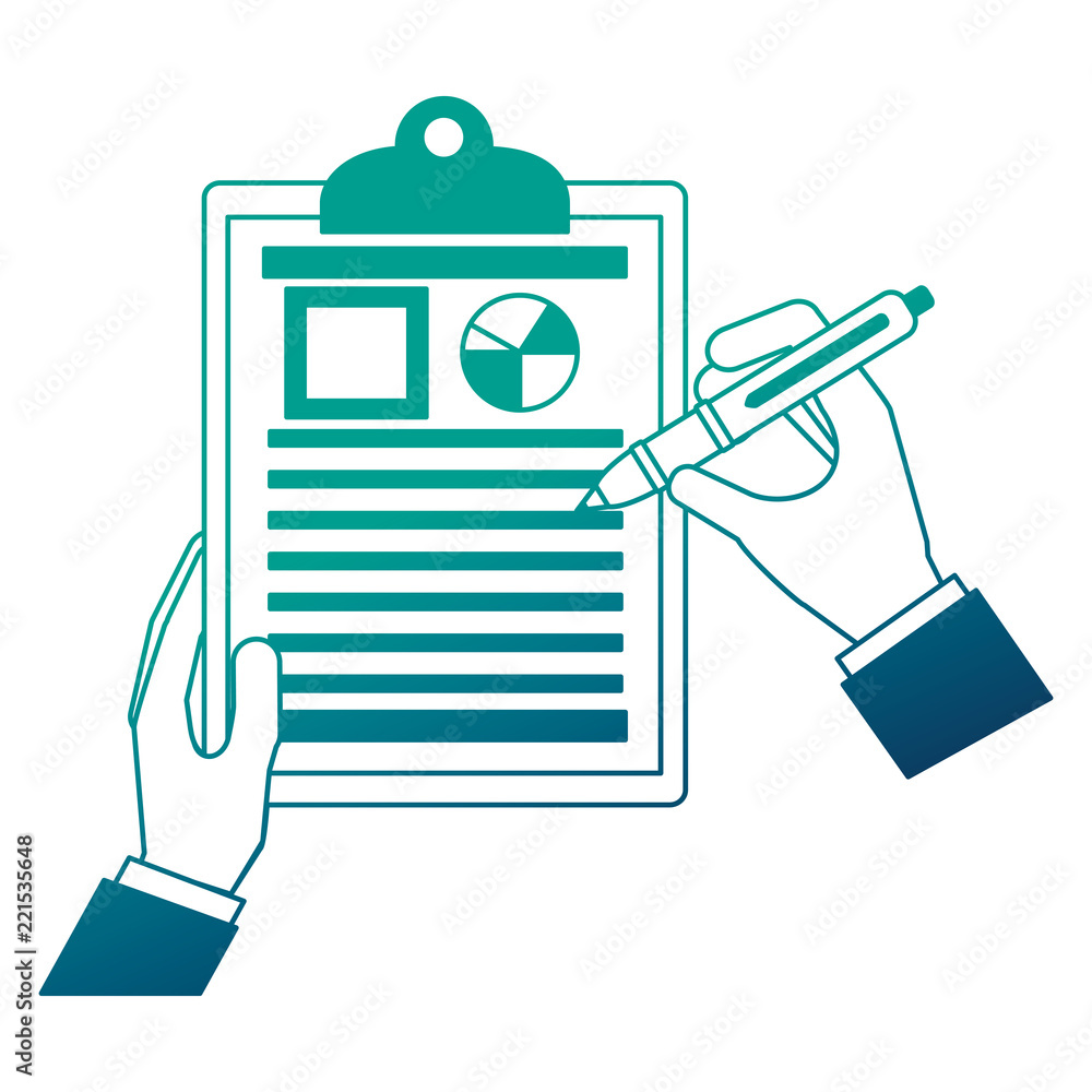 Poster hands with pen and document file statistics pie
