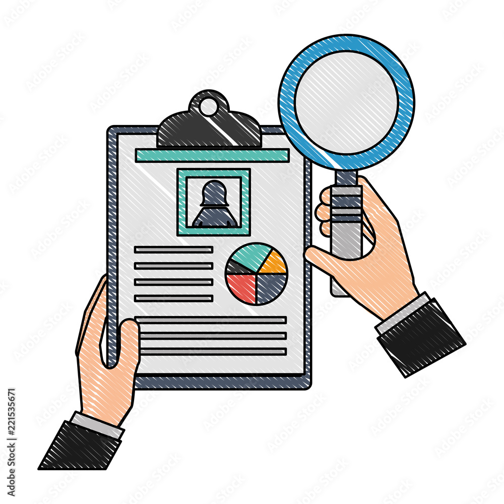 Poster hands with magnifying glass and document file statistics pie