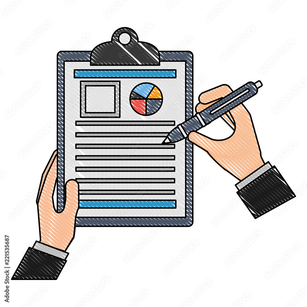 Poster hands with pen and document file statistics pie