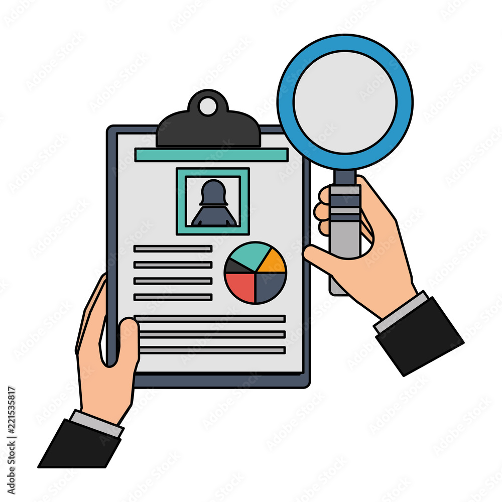Poster hands with magnifying glass and document file statistics pie