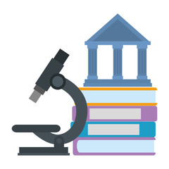 pile text books with microscope and library building