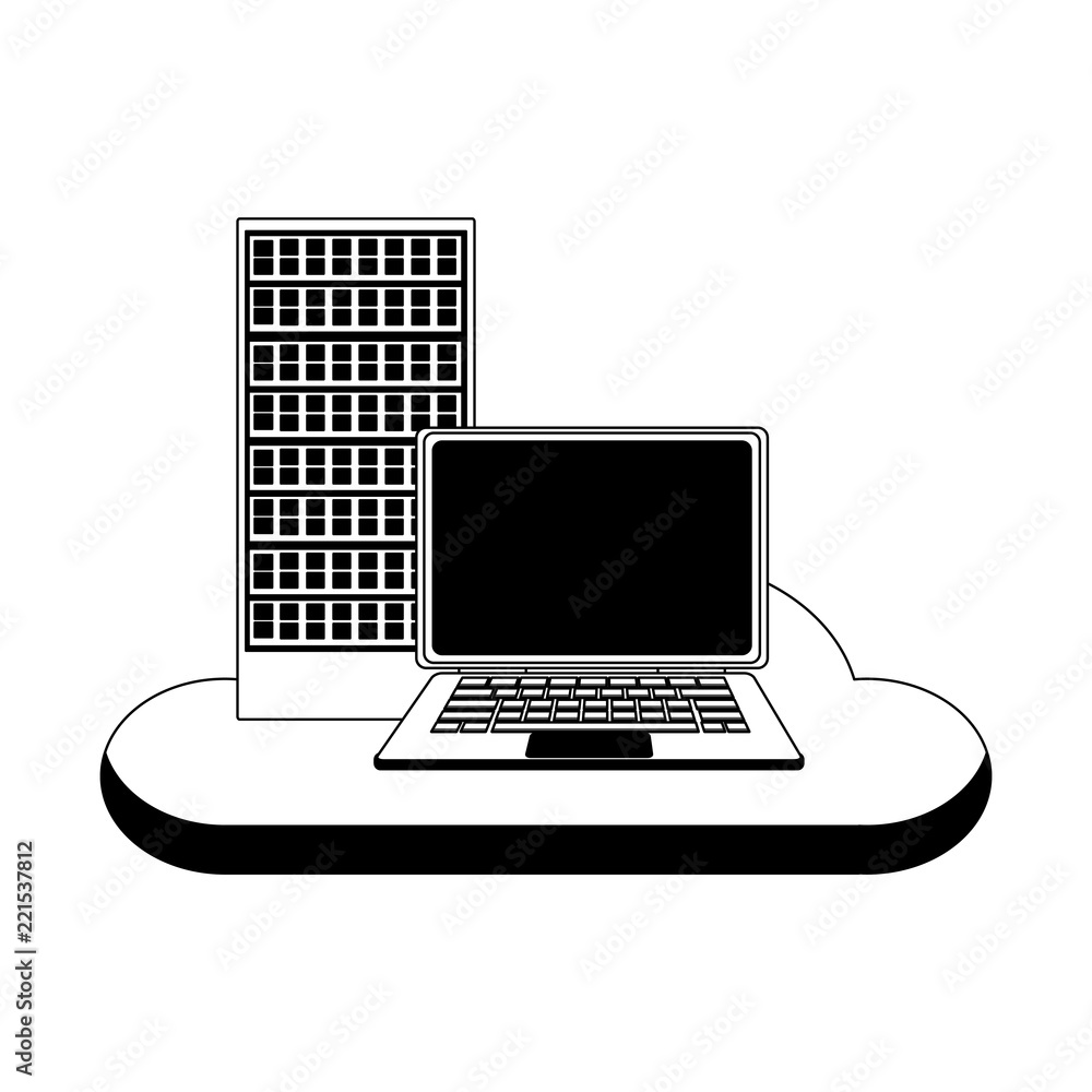 Poster laptop and computer with cloud computing in black and white