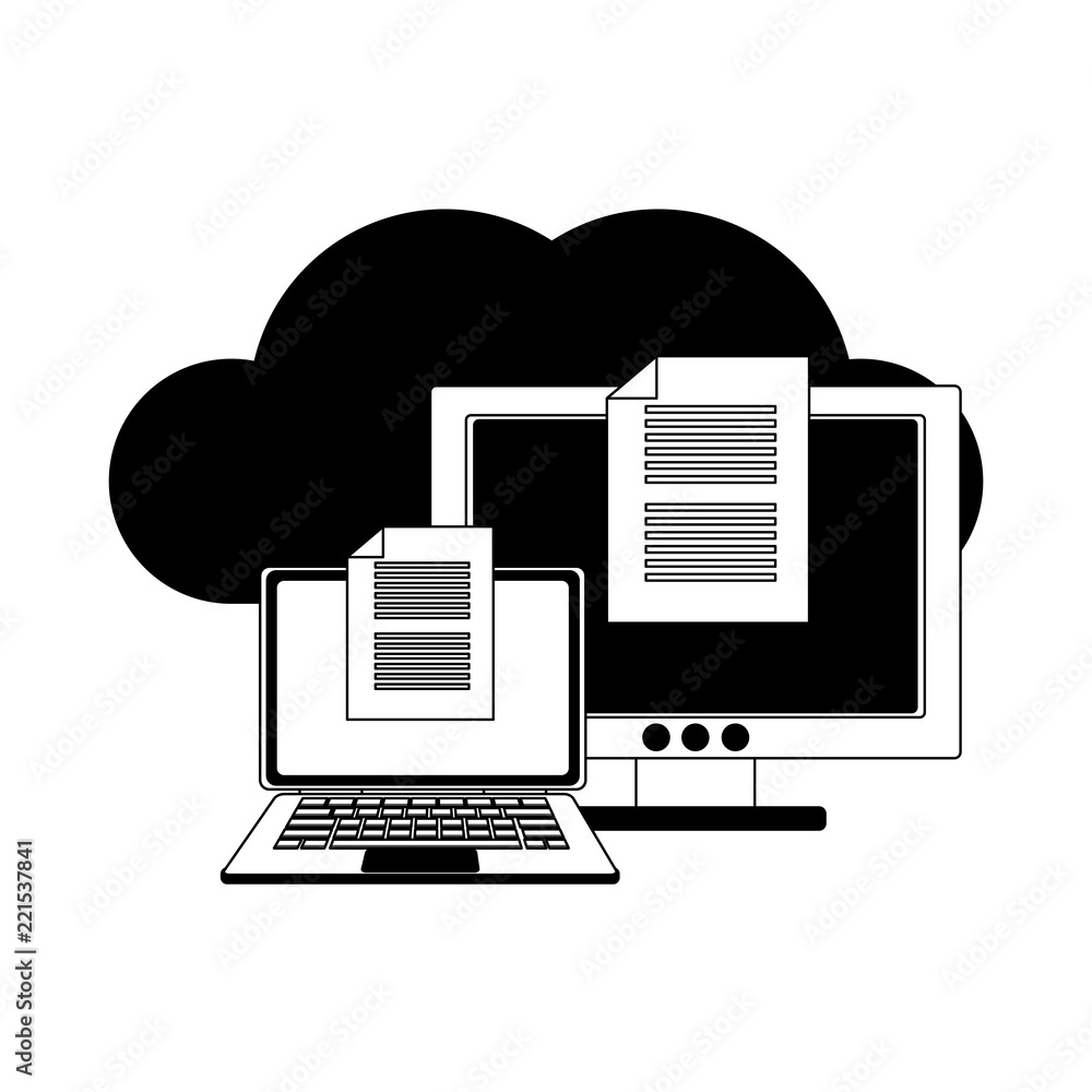 Poster laptop and computer with cloud computing in black and white
