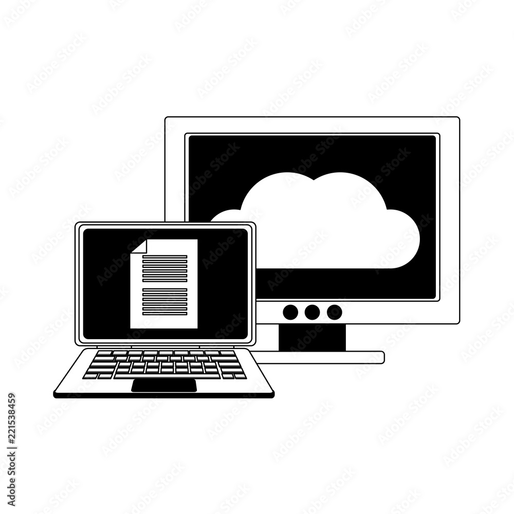 Poster laptop and computer with cloud computing in black and white