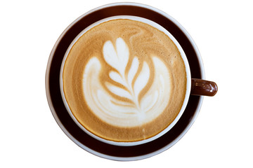 coffee cup latte art on table. top view isolated on white background with clipping path
