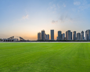 Fototapeta premium green lawn with city skyline background