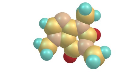 Molecular structure of Caffeine isolated on white