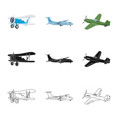 Vector illustration of plane and transport logo. Collection of plane and sky vector icon for stock.