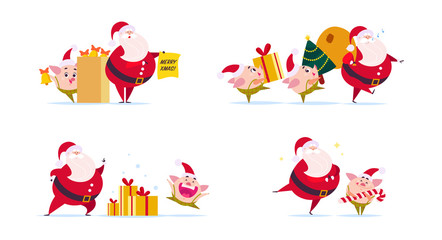 Vector flat illustration of funny Santa Claus character and cute little pig elf in santa hat isolated on white background. New year fir tree, gift box presents bag. Card, banner, web design, packaging