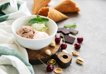 set of ice cream scoops of different colors and flavours