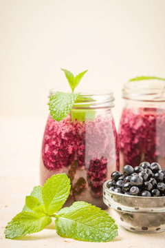 Blueberry smoothie decorated with fresh green mint leaves and raw ripe berries on yellow pastel background.