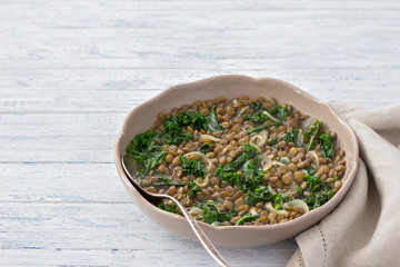 Stewed kale lentils with onions and garlic on a light background, selective focus, free space. Delicious homemade healthy food