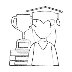 woman student graduated with trophy and books