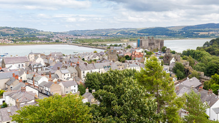 View on Conwy town and castle from the town walls around the city UNESCO World Heritage site located in North Wales UK