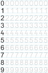 Numbers 0-9, handwriting tracing practice sheet, writing training for children, kids preschool activity, educational game, printable worksheet, learning to count, vector Illustration