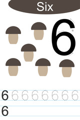 Number six, handwriting tracing practice sheet, writing training for children, kids preschool activity, educational game, printable worksheet, learning to count, vector Illustration