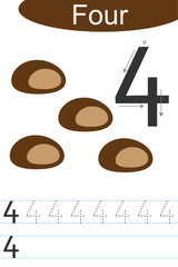 Number four, handwriting tracing practice sheet, writing training for children, kids preschool activity, educational game, printable worksheet, learning to count, vector Illustration