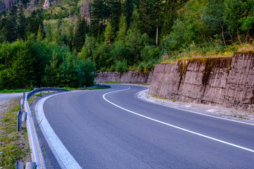 asphalted road leading up to the mountains in forest