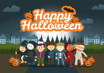 The Children in the park under the halloween night sky and costume for Trick-or-treating.