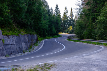 asphalted road leading up to the mountains in forest