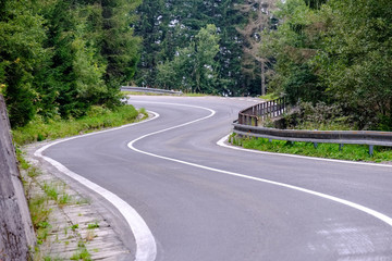 asphalted road leading up to the mountains in forest