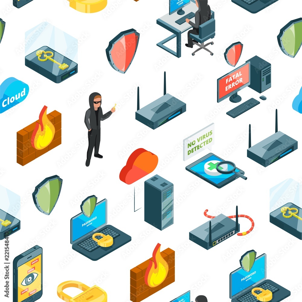 Poster vector isometric data and computer safety icons seamless pattern or background illustration