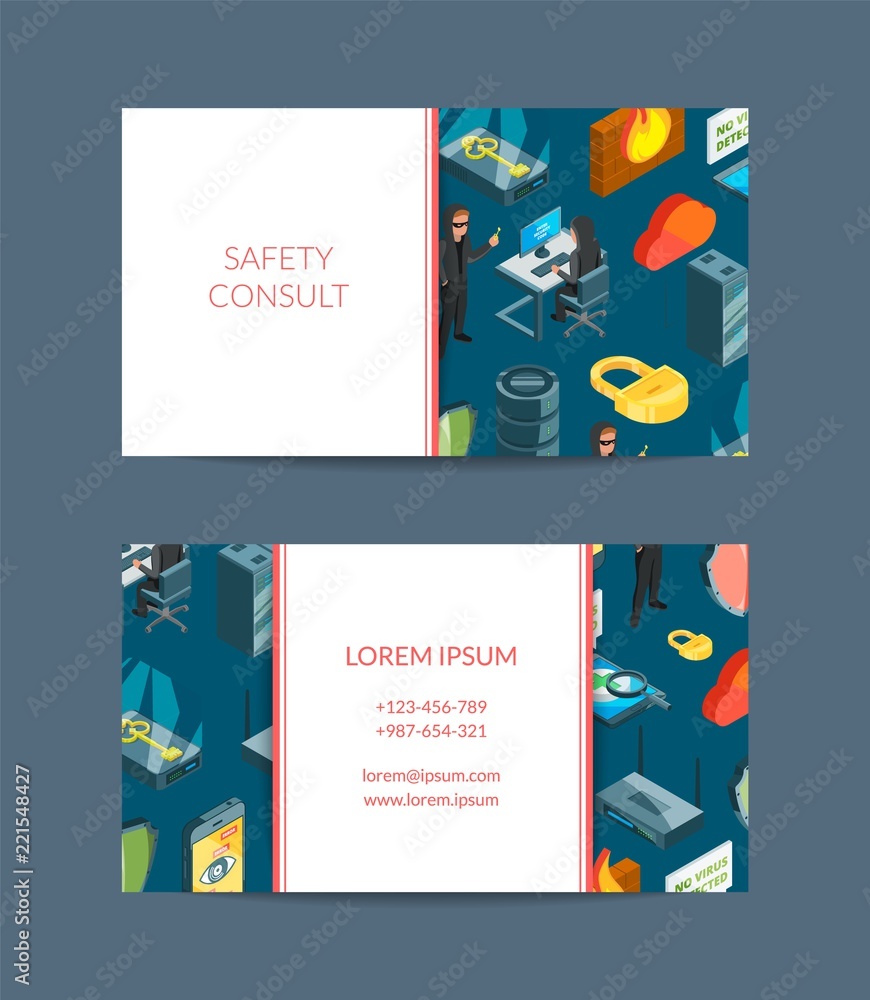 Poster vector isometric data and computer safety icons business card template for online security company i