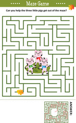 Maze game: Can you help the three little pigs get out of the maze? Answer included. 
