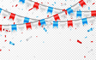 Garlands of red white blue flags. Blue, white and red foil confetti. Vector illustration