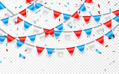 Obraz premium Russian flag festive bunting against. Party background with flags garland. Garlands of red white blue flags and foil confetti. Vector illustration
