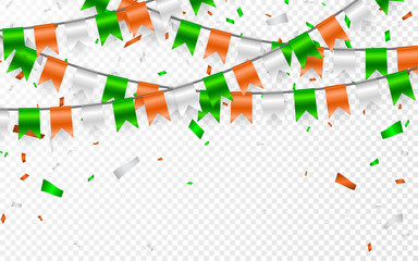 Flags Garland to St. Patrick's Day. Party background with flags garland. Garlands of orange white green flags and foil confetti. Vector illustration