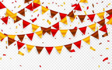 Obraz premium Thanksgiving Day, flags garland on transparent background. Garlands of red brown yellow flags and foil confetti. Vector illustration