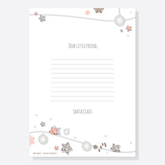 Christmas letter from Santa Claus template A4. Decorated with glitter stars and silver balls.