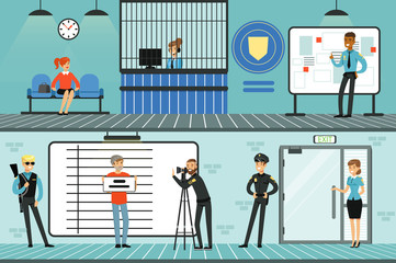 Police department set, policemen at work, investigating crimes, identifying and arresting criminals horizontal vector Illustrations
