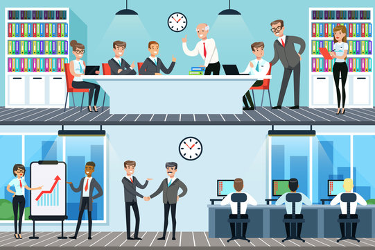 Business people working in office set, men and women having conference and meeting for business collaboration horizontal vector Illustrations