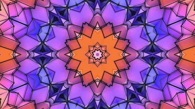 multicolored three-dimensional pattern from star figures slowly moving. abstract kaleidoscope background. 3D rendering