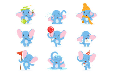 Cute elephant character set, funny baby elephant in different poses and situations vector Illustrations