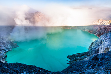 Panorama Landscape of Kawah ijen volcano crater with and sulfuric smoke,Indonesia