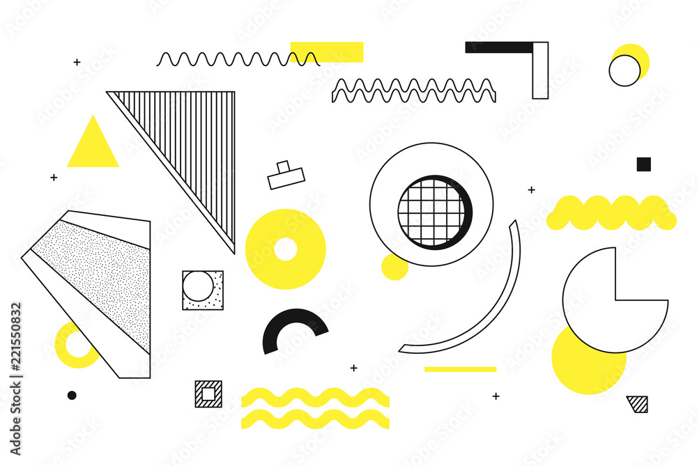 Wall mural universal trend halftone geometric shapes set juxtaposed with bright bold yellow elements compositio