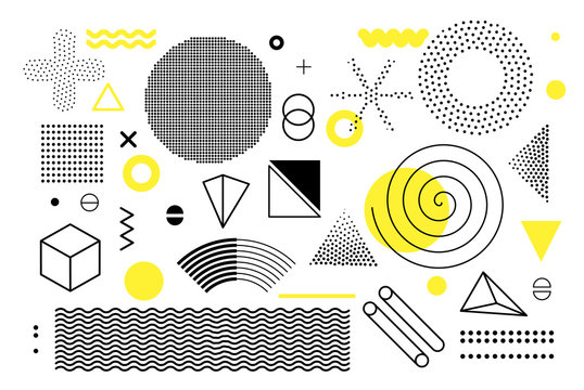 Universal trend halftone geometric shapes set juxtaposed with bright bold yellow elements composition. Design elements for Magazine, leaflet, billboard, sale