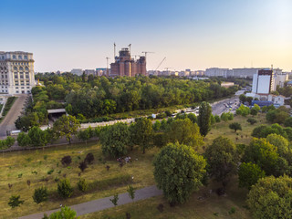 sunset in Bucharest city. Aerial view