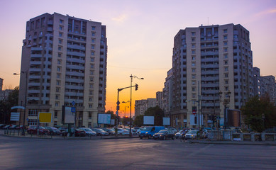 Bucharest city street at sunset. Romania