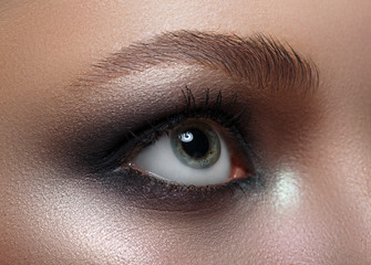 Female eye close-up. Macro. Perfect makeup and eyebrows. Beautiful gray eyes