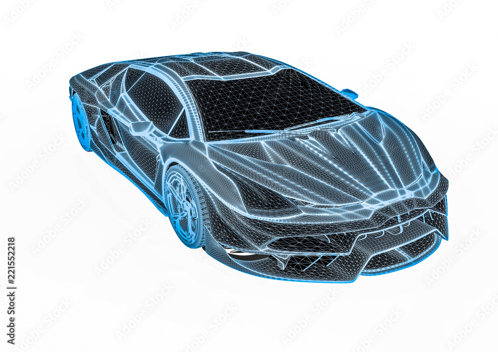 Poster hyper car radiography / 3d render image representing an hypercar x-ray scanning