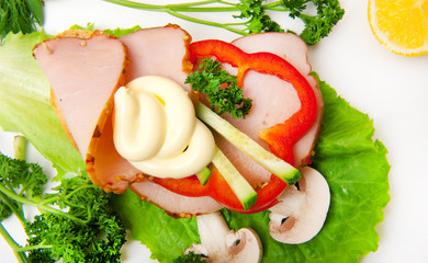 vegetable salad of cucumbers, tomatoes, lettuce leaves