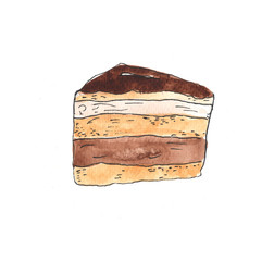Watercolor slice of cake on white background. Hand painted illustration.