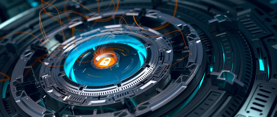 Fototapeta premium Abstract crypto cyber security technology on global network background. Digital theme. 3d render