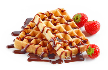 waffles with strawberries and chocolate sauce - obrazy, fototapety, plakaty